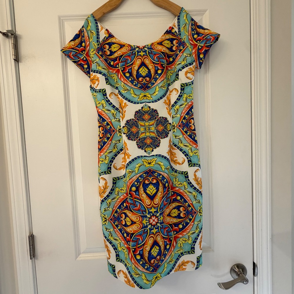 Alexia Admor Mediterranean Tile Print Sheath Dress Blue Orange Medallion Sizeโ 8